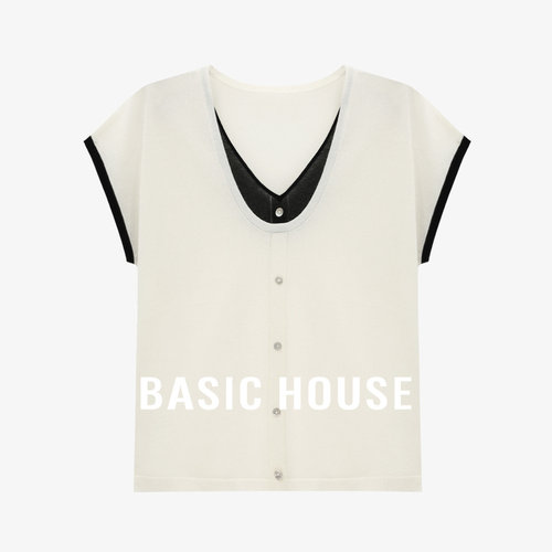 Basic House/百家时尚莱赛尔撞色针织衫假两件高级感短袖T恤上衣