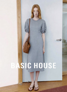 Basic House/百家好优雅淡人灯笼袖长款裙子女夏季圆领短袖连衣裙