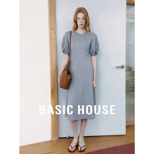 Basic House/百家好优雅淡人灯笼袖长款裙子女夏季圆领短袖连衣裙
