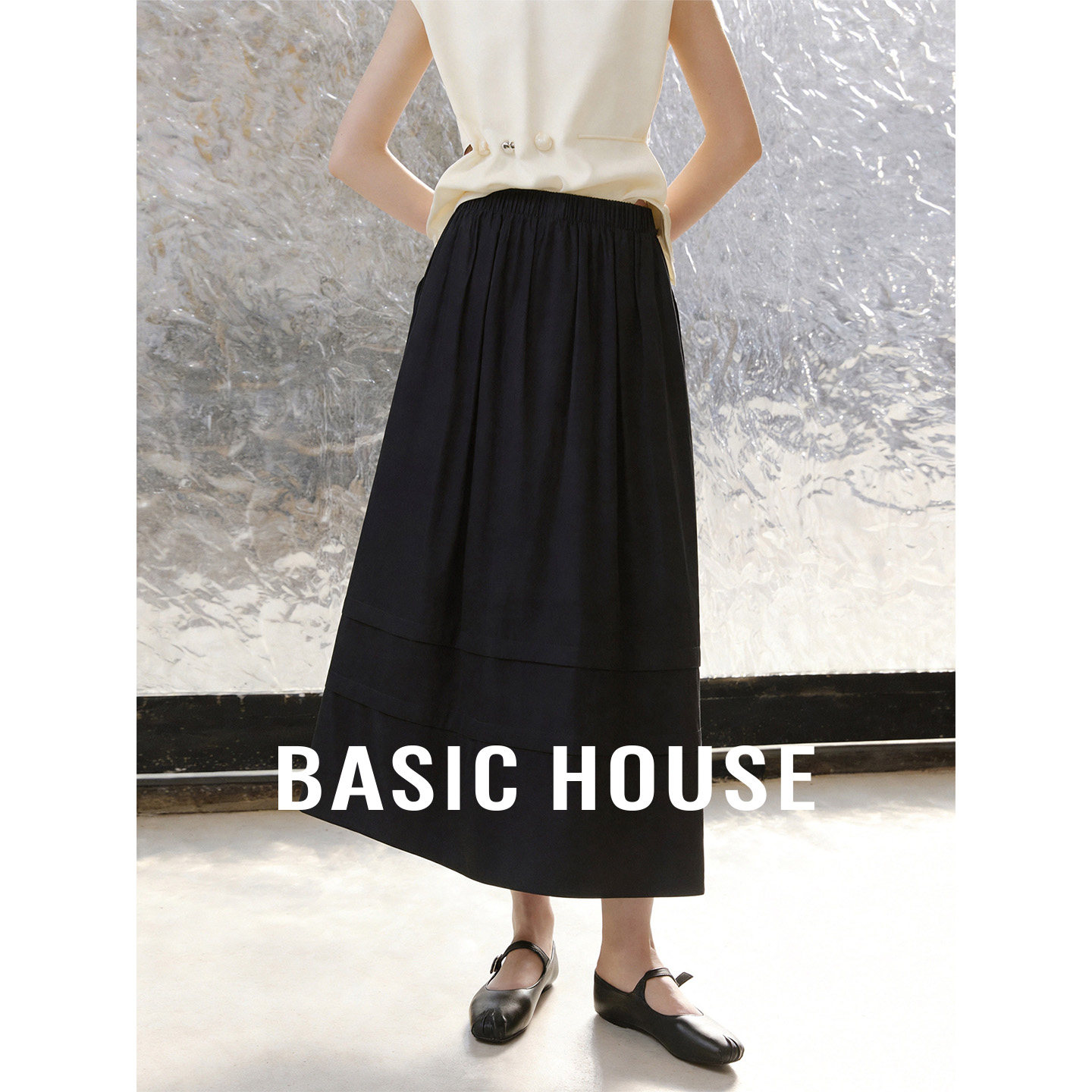 Basic House/百家好黑色宽松舒适透气半身裙女夏季新款漂亮中长裙