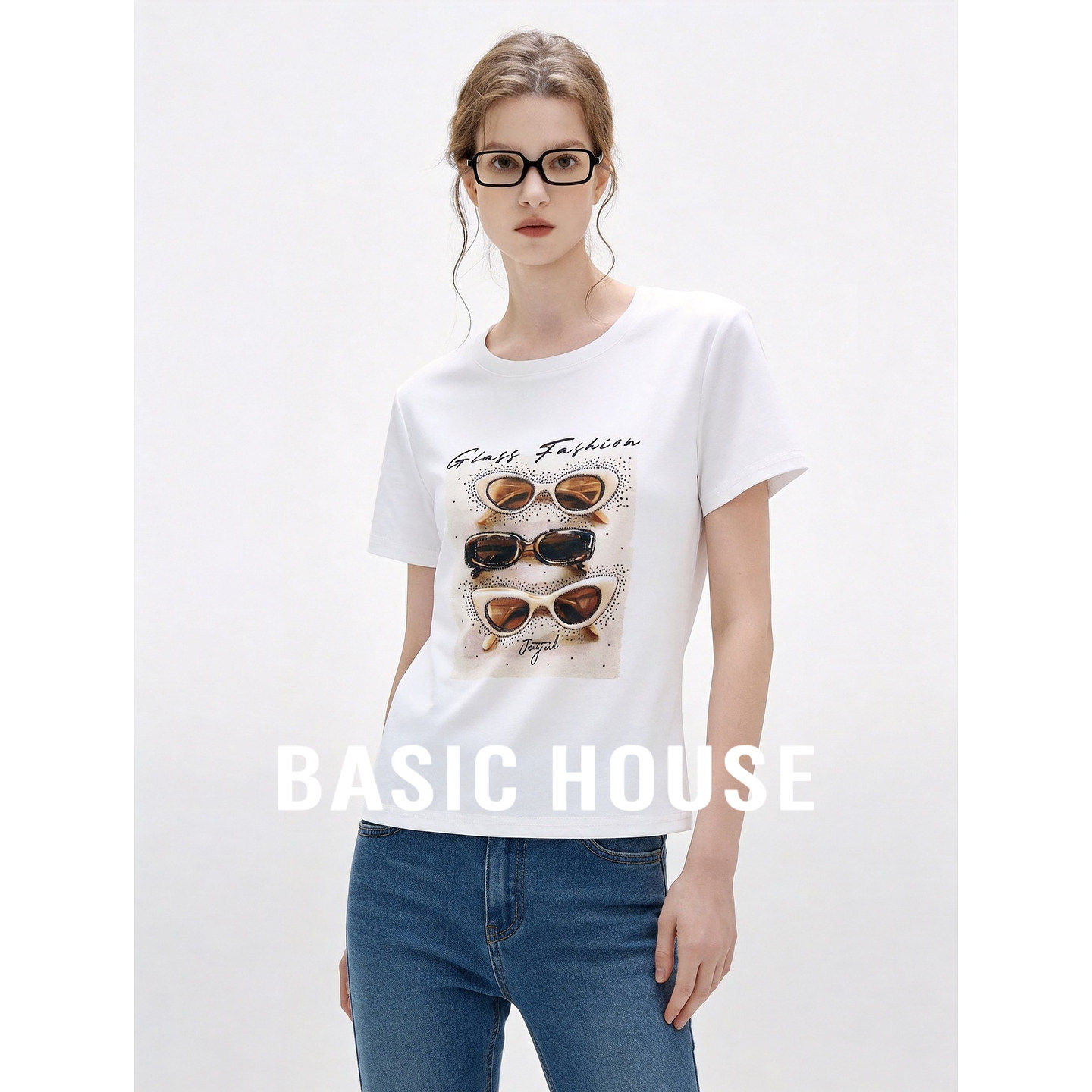 Basic House/百家好烫钻墨镜印花T恤女短袖圆领白色百搭显瘦上衣
