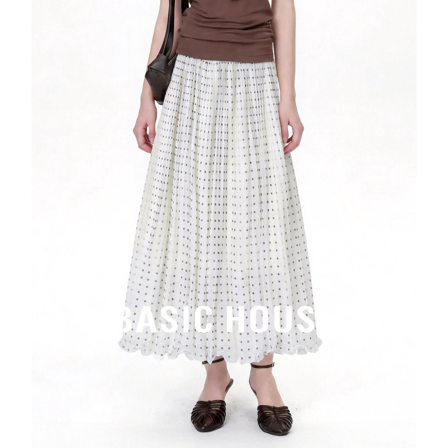 Basic House/百家好波点百褶半身裙女白色大摆遮胯中长裙慵懒感