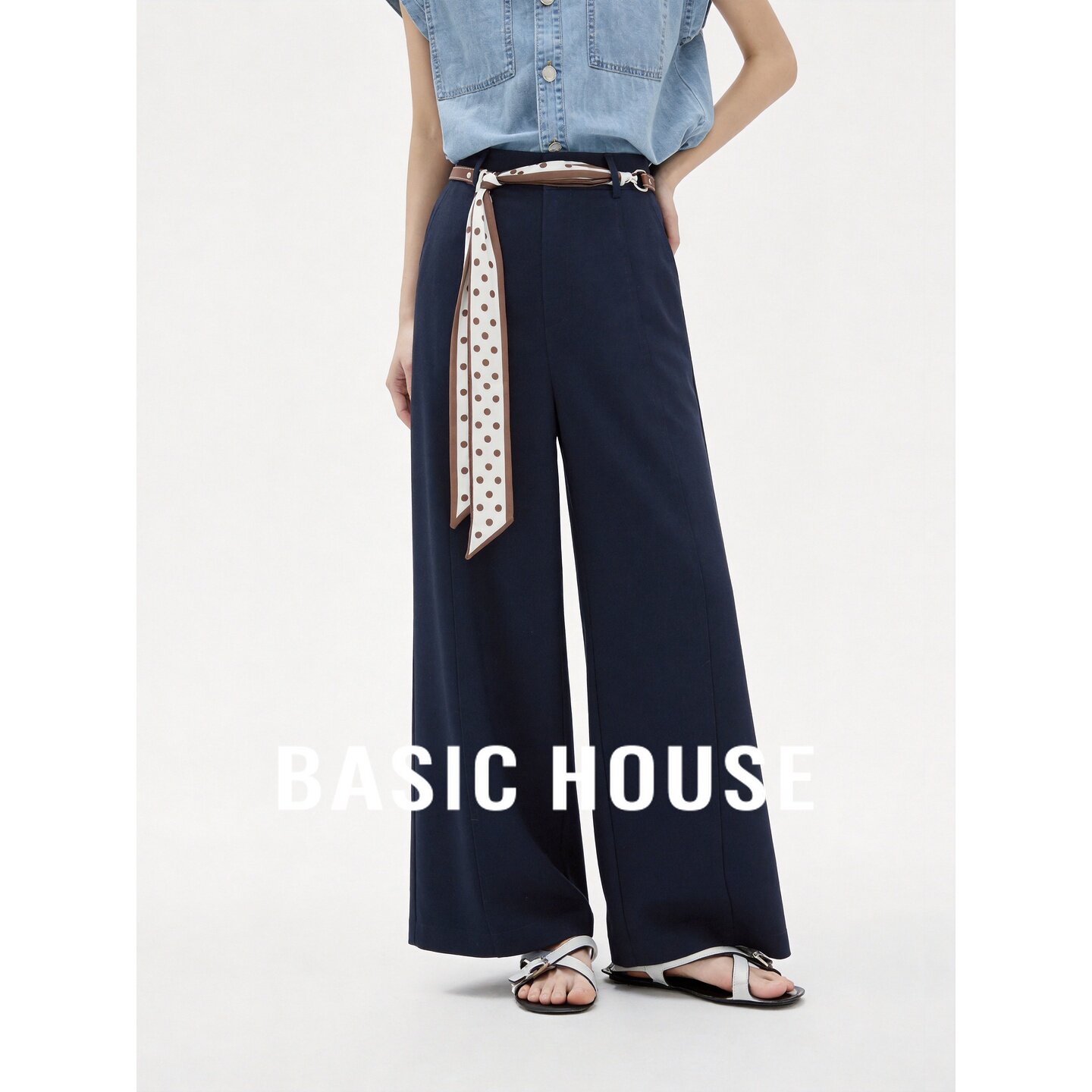 Basic House/百家好藏蓝色高腰系带阔腿裤女夏显瘦设计感休闲长裤