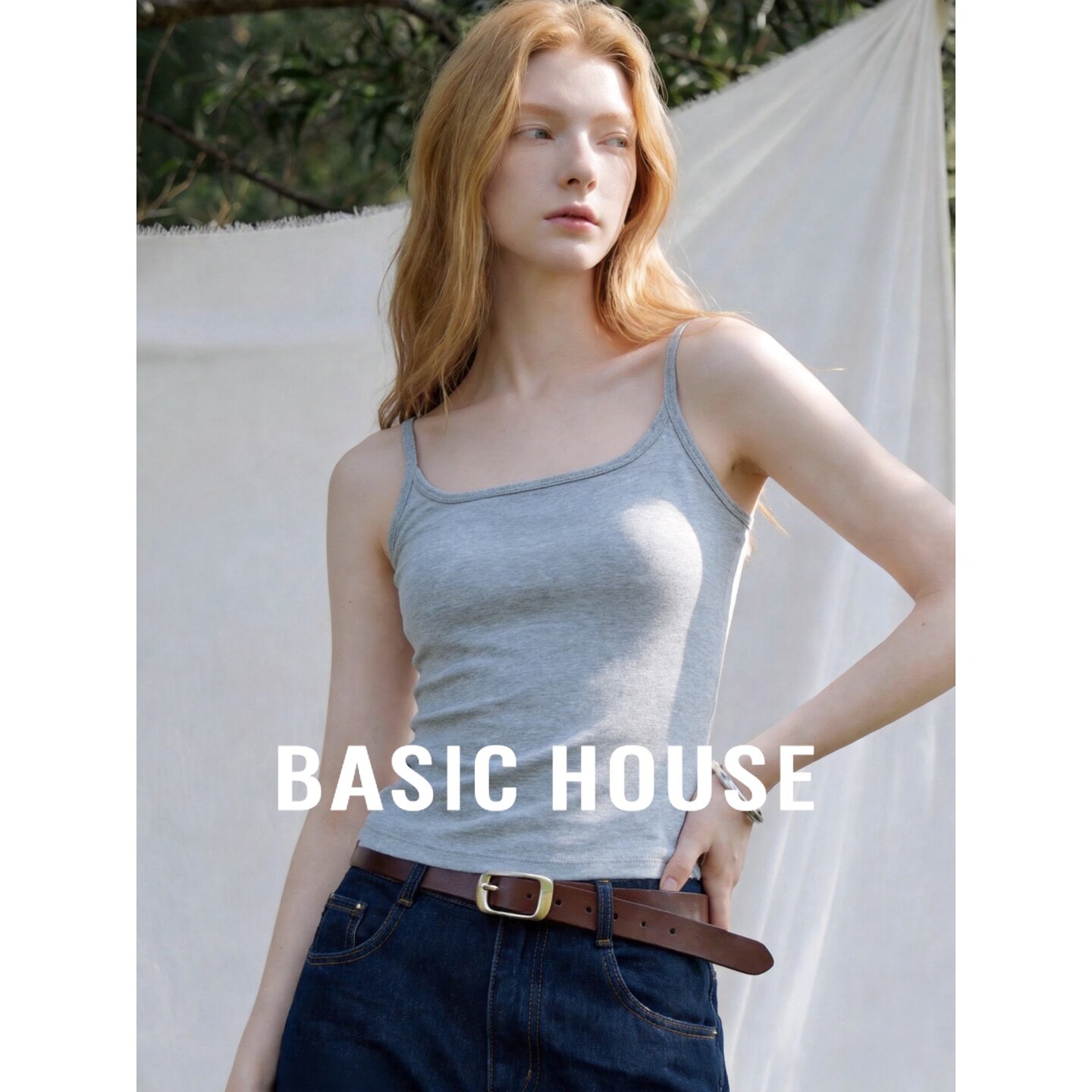 Basic House/百家好灰色方领外穿吊带女2026夏季新款基础打底背心