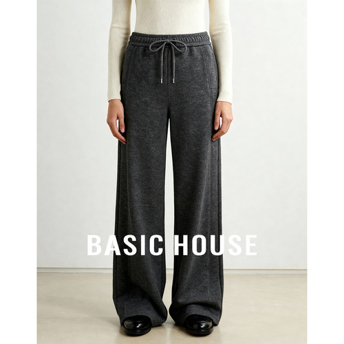 Basic House/百家好秋冬加绒绵羊毛阔腿裤女抽绳垂感直筒休闲裤