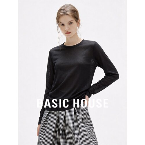 Basic House/百家好极简风黑色长袖T恤圆领修身显瘦百搭亚麻上衣