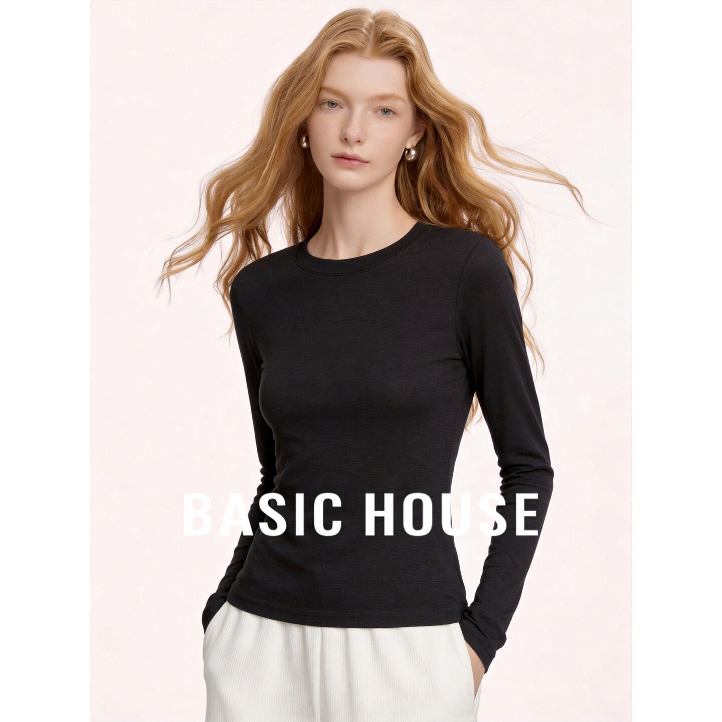 Basic House/百家好2026秋季莱赛尔黑色圆领修身长袖新款日常T恤