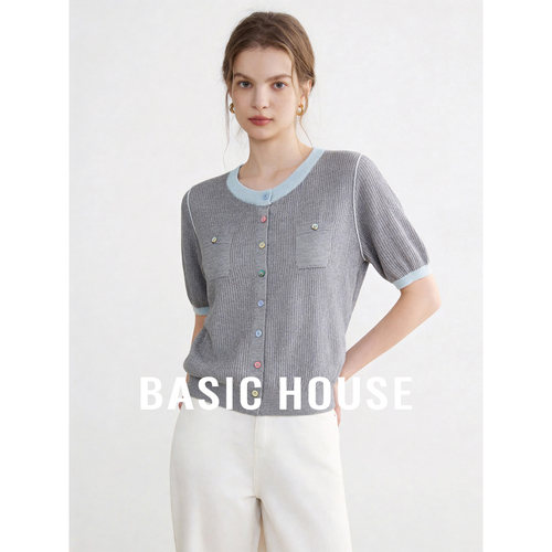 Basic House/百家好2026夏季新款短袖针织开衫女圆领超好看上衣