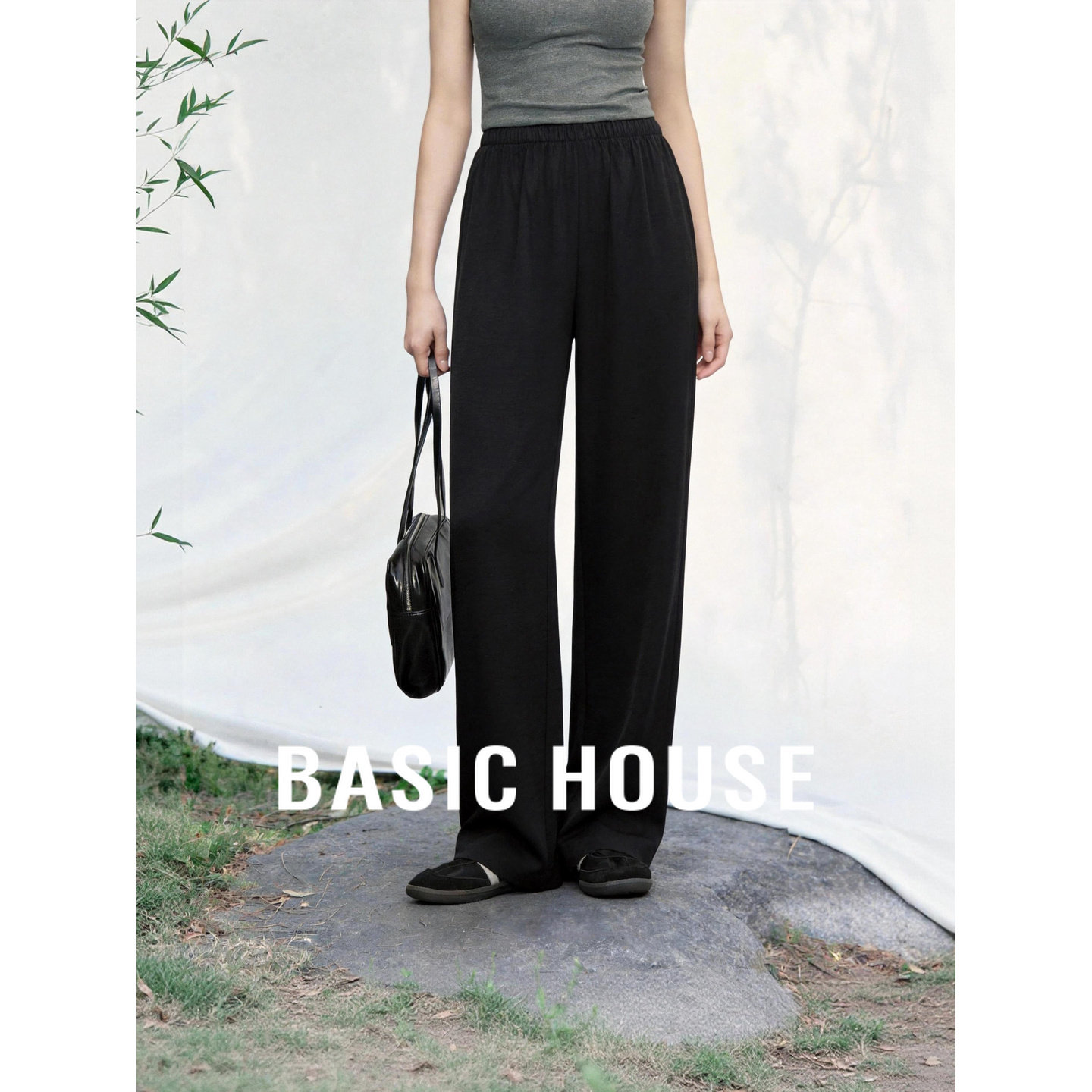Basic House/百家好莫代尔凉感阔腿裤女黑色显瘦百搭休闲直筒长裤