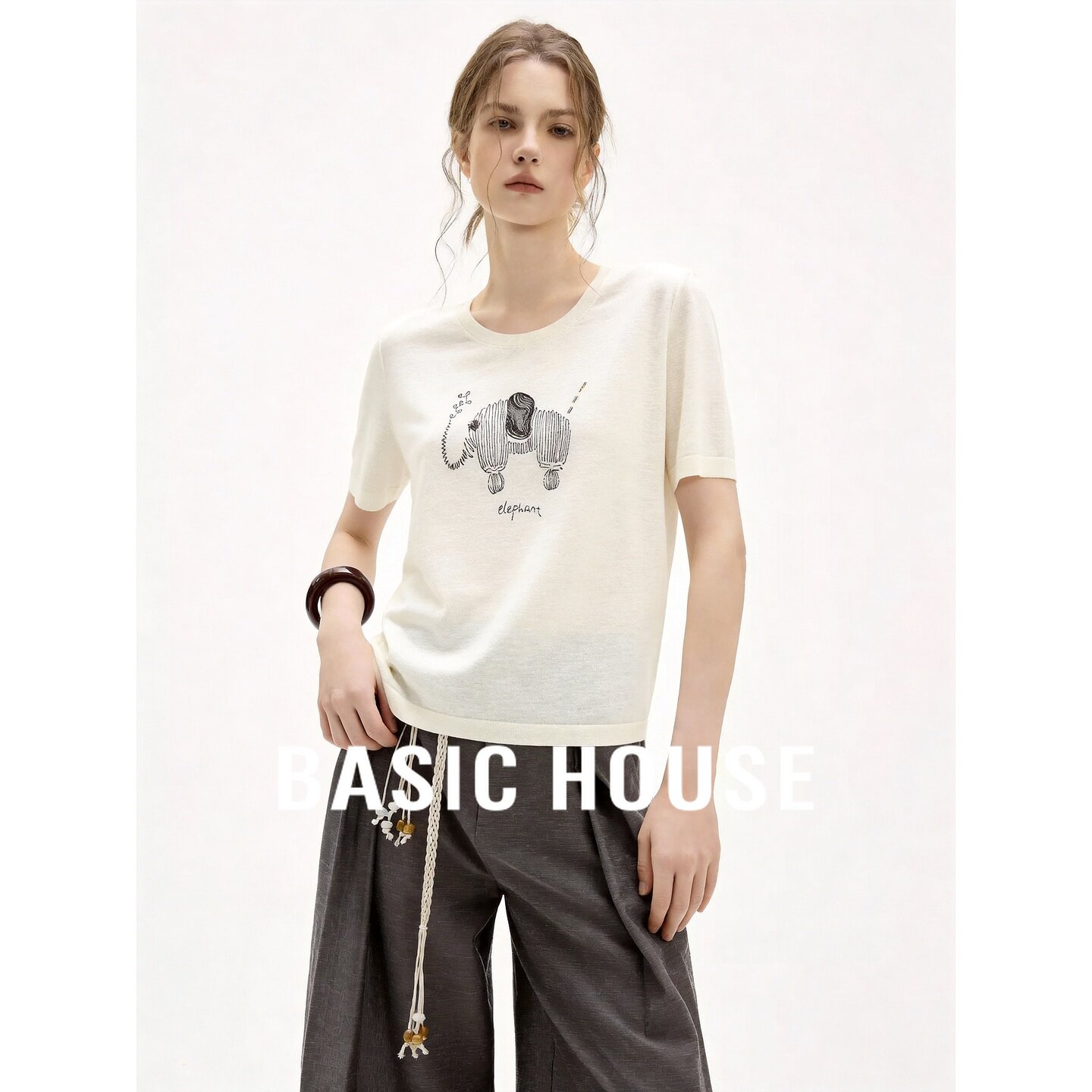 Basic House/百家好简约韩系大象图案T恤女短袖宽松百搭上衣显瘦