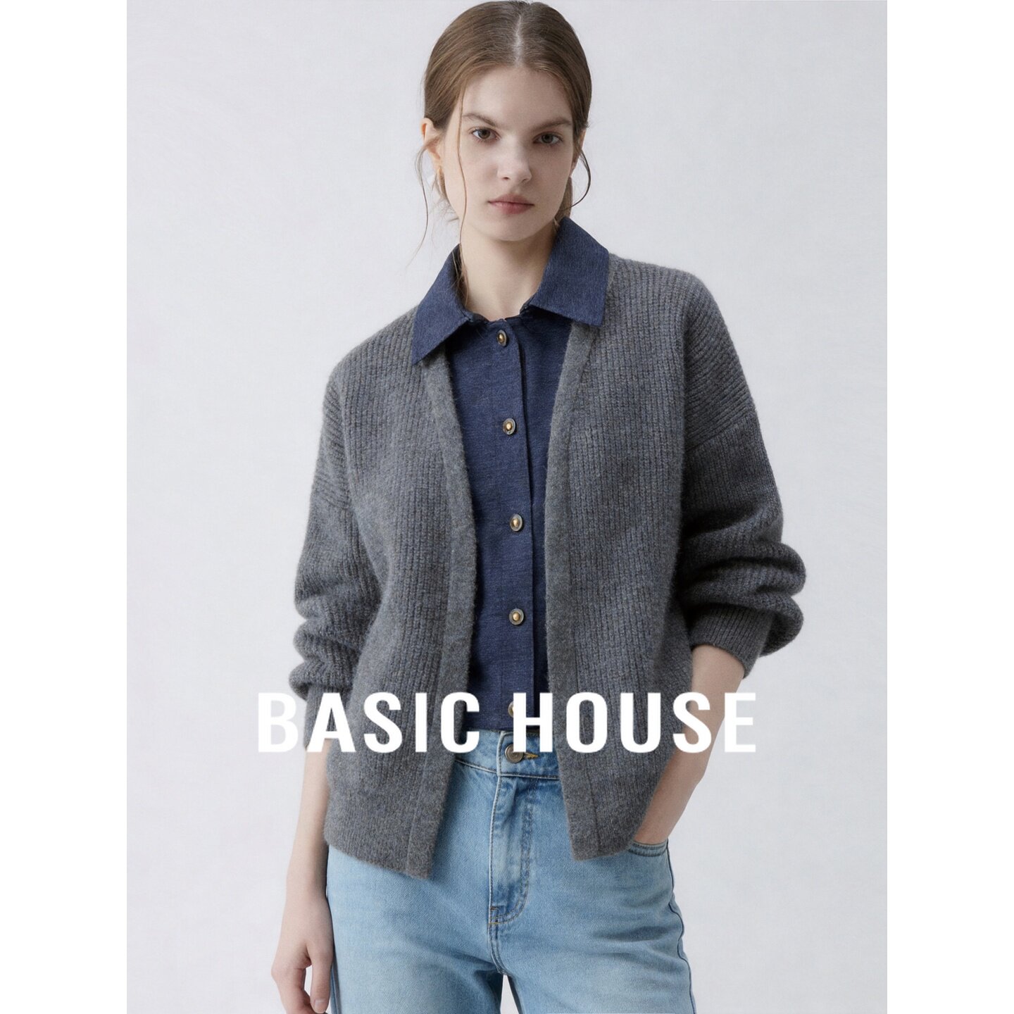 Basic House/百家好灰色翻领撞色假两件宽松长袖新款日常休闲毛衣