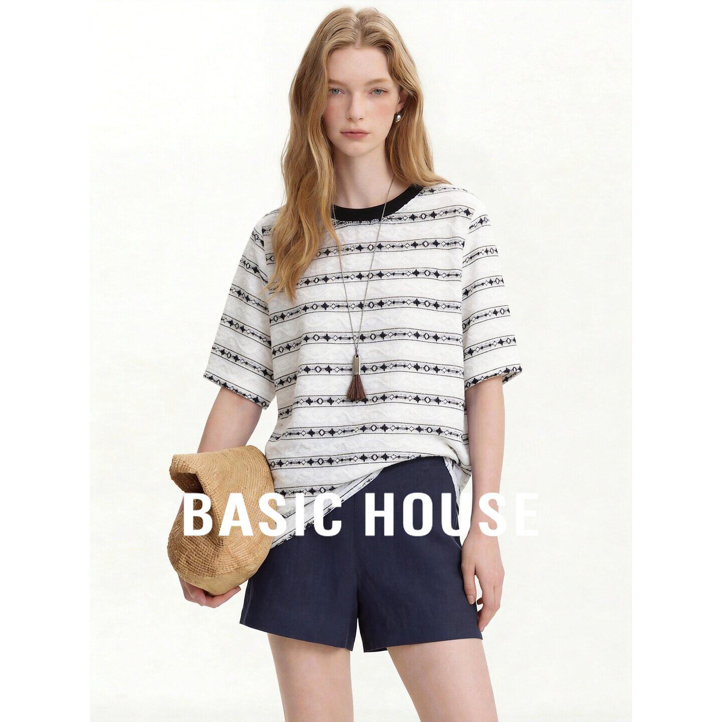 Basic House/百家好2026新款白色条纹短袖T恤女夏季休闲遮肉上衣