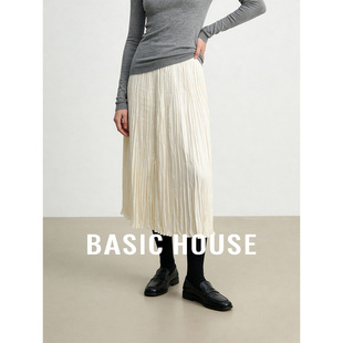裙子女 百家好2026纯色高腰百褶半身裙垂感A字中长款 Basic House