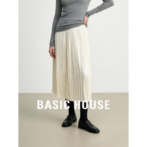 Basic House/百家好2026纯色高腰百褶半身裙垂感A字中长款裙子女