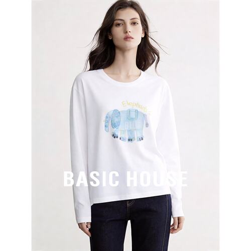 Basic House/百家好长袖T恤莱赛尔圆领宽松印花女秋韩版白色休闲