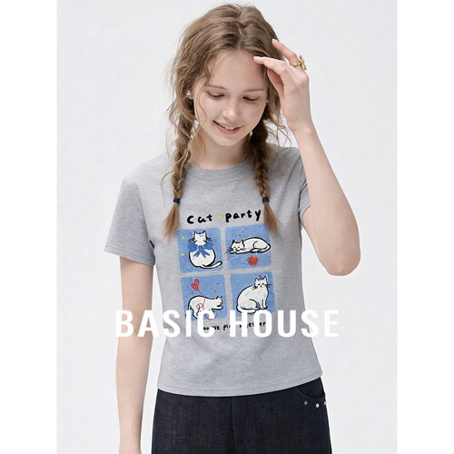 Basic House/百家好卡通猫咪印花短袖T恤女宽松圆领棉质休闲上衣