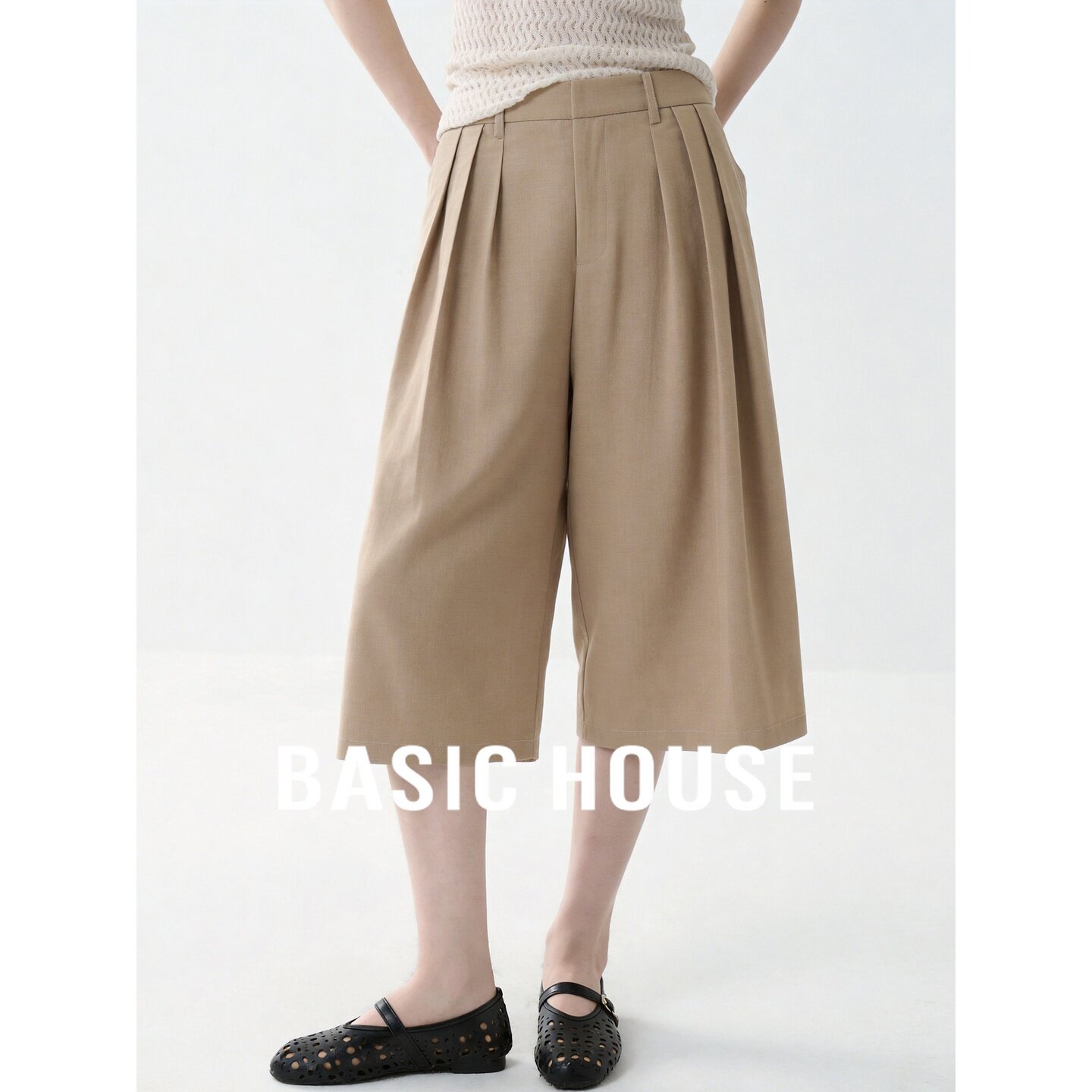 Basic House/百家好卡其色高腰阔腿裤女夏季宽松显瘦莫代尔七分裤