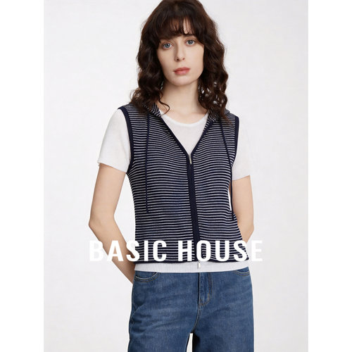 Basic House/百家好藏青假两件条纹针织衫女2026夏季日常通勤上衣