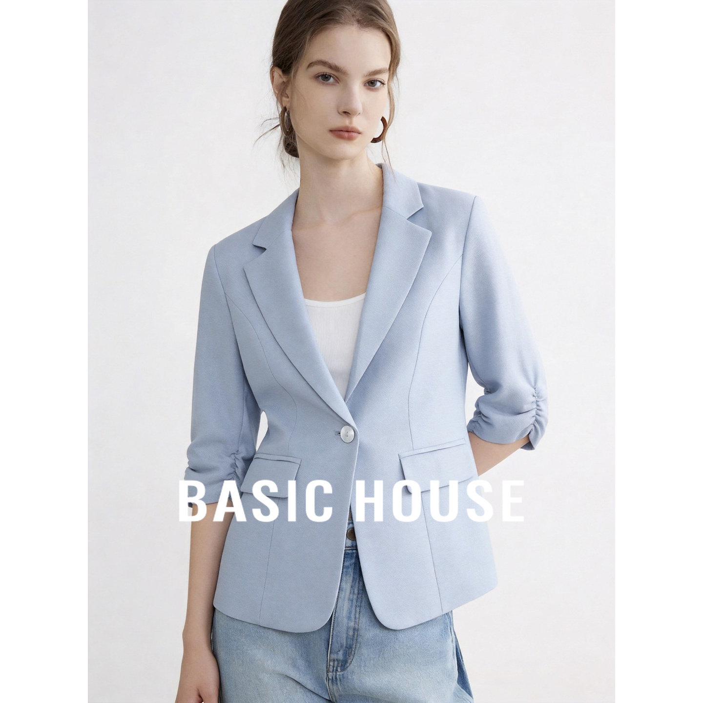 Basic House/百家好通勤风浅蓝色西装女一粒扣气质轻熟西服外套