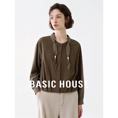 Basic House/百家好设计感系带长袖衬衫女宽松百搭格纹拼接上衣