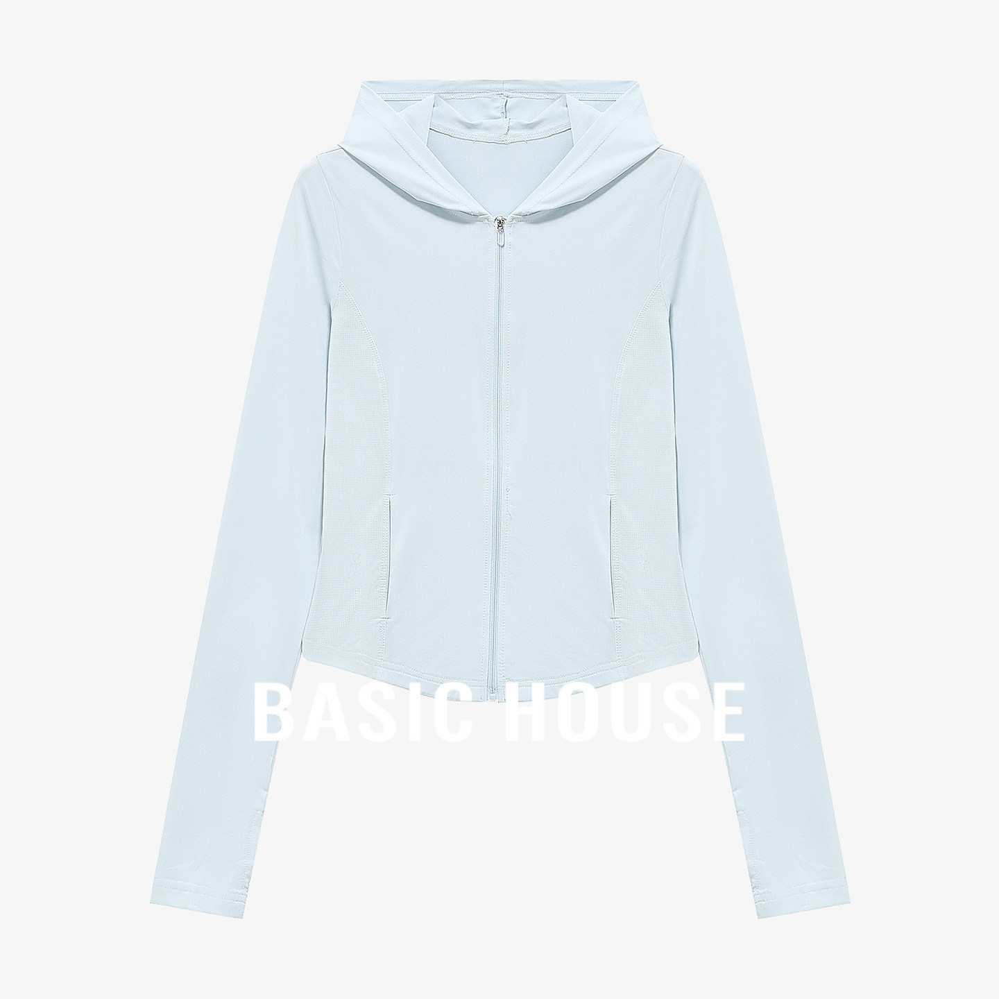 Basic House/百家好蓝色连帽冰凉纯色衬衫女夏季舒适百搭防晒衣