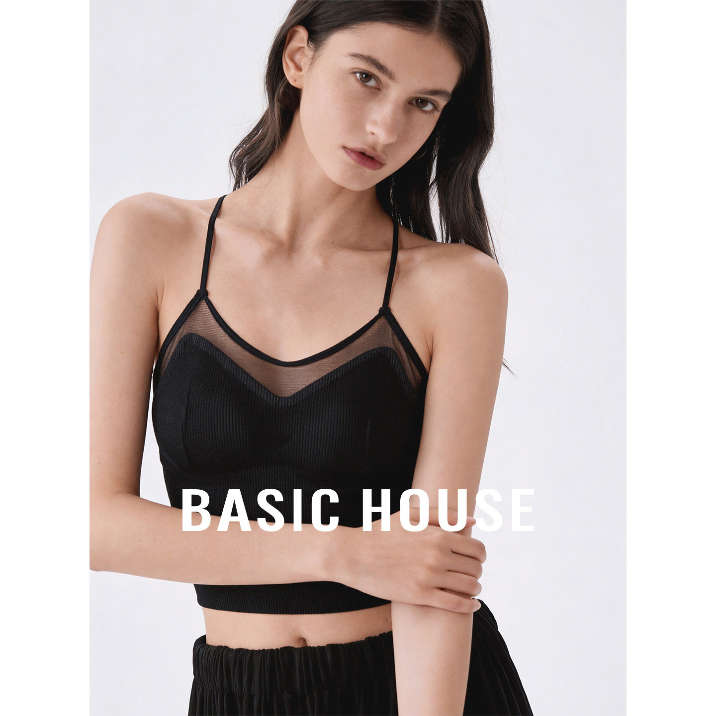 Basic House/百家好黑色拼接网纱V领打底背心女高级感吊带内搭女