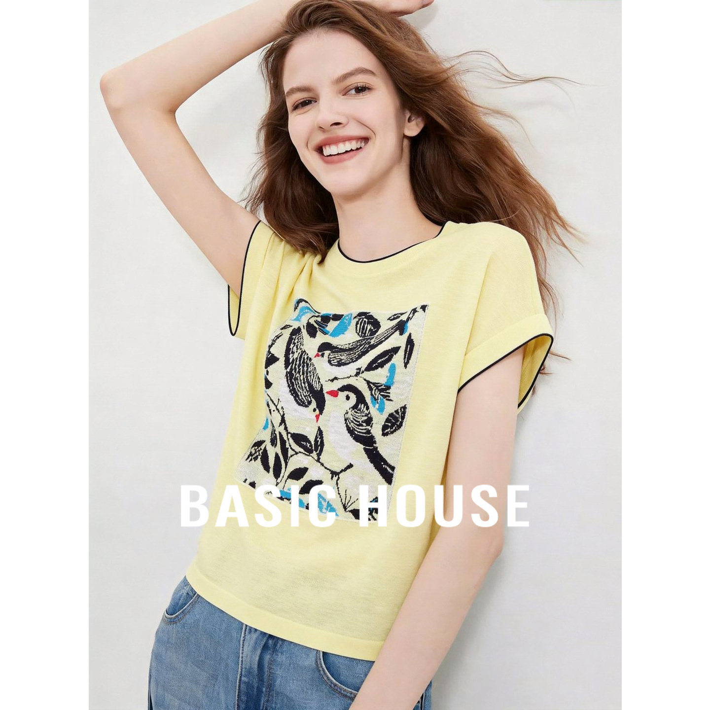 Basic House/百家好袖口撞色设计针织衫女夏季动物刺绣超好看上衣