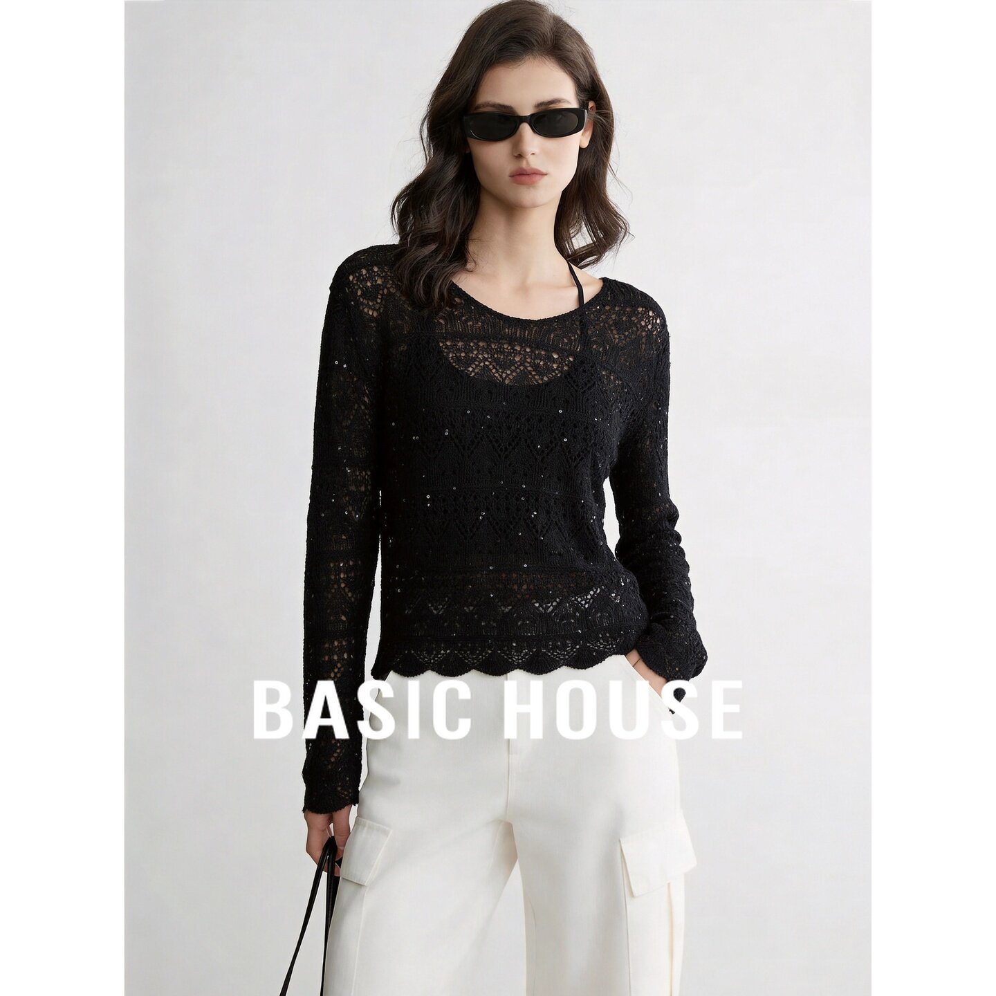 Basic House/百家好黑色圆领针织衫女镂空钩花长袖设计感罩衫上衣