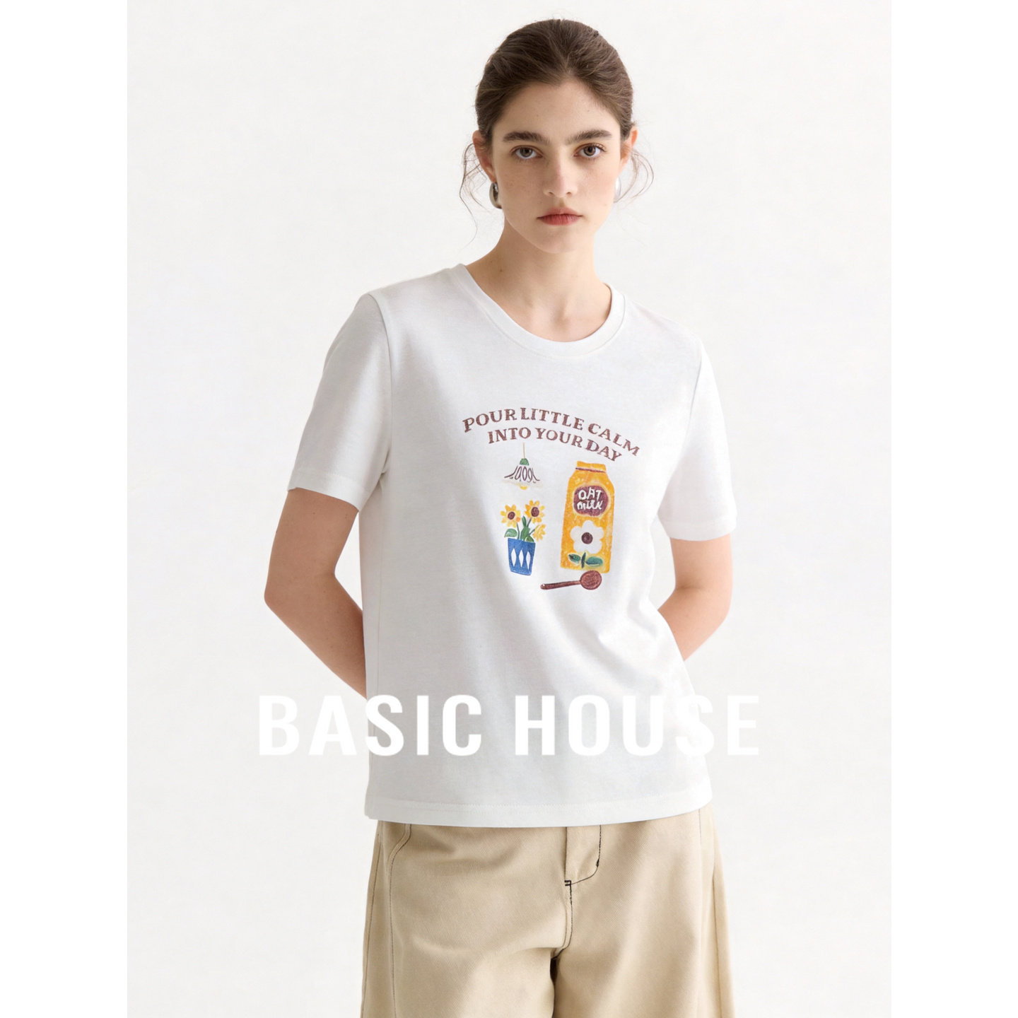 Basic House/百家好白色圆领卡通印花短袖T恤女夏季宽松套头上衣