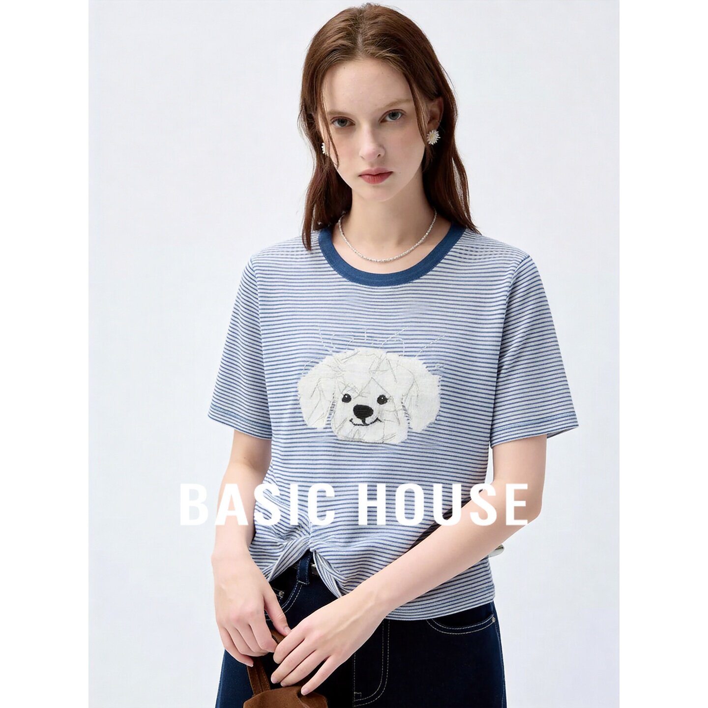 Basic House/百家好蓝色条纹小狗刺绣短袖T恤女莱赛尔针织衫上衣