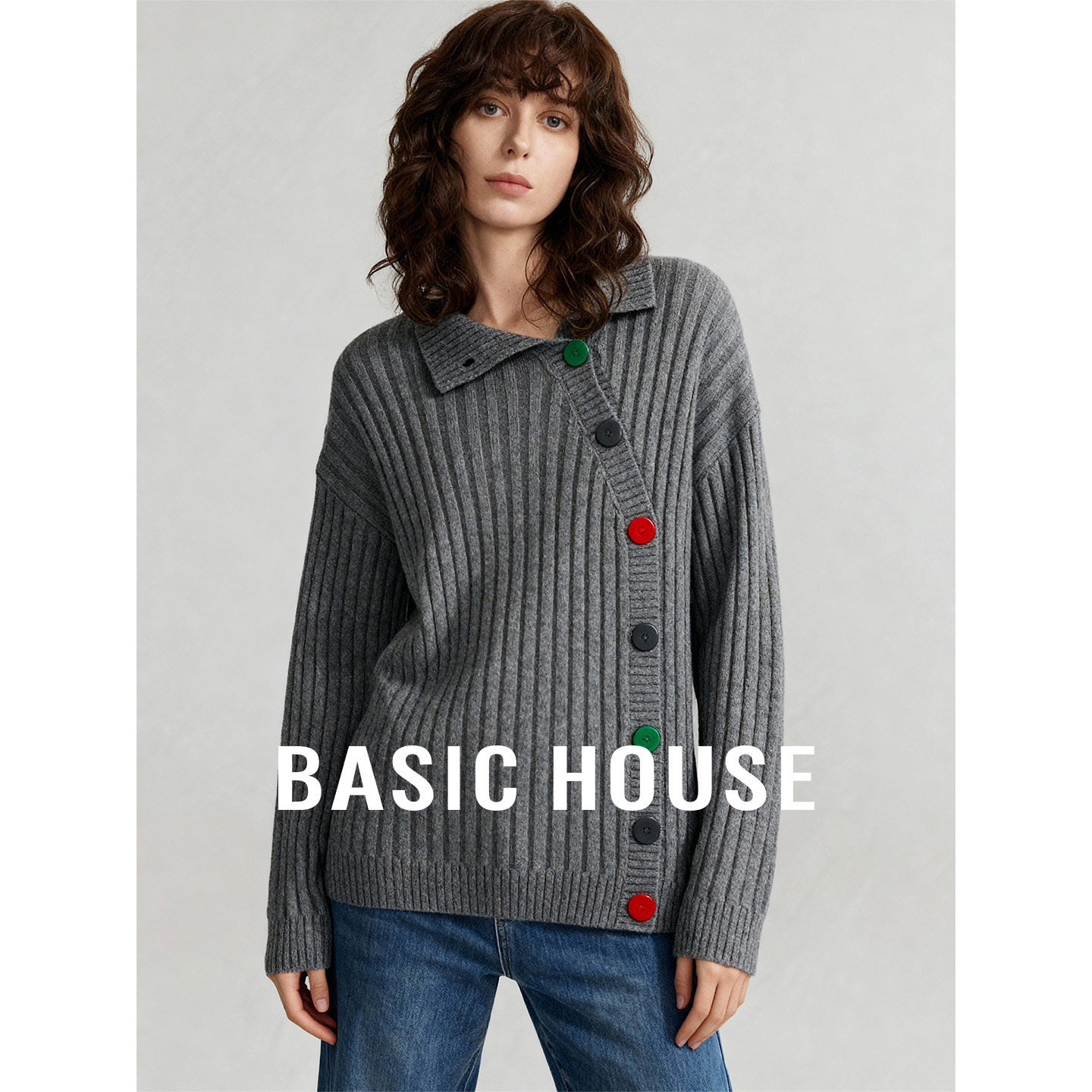 Basic House/百家好灰色侧边单排扣设计毛衣开衫女春季百搭上衣,女装/女士精品,毛衣,淘宝优惠券,粉丝福利购,淘宝优惠卷
