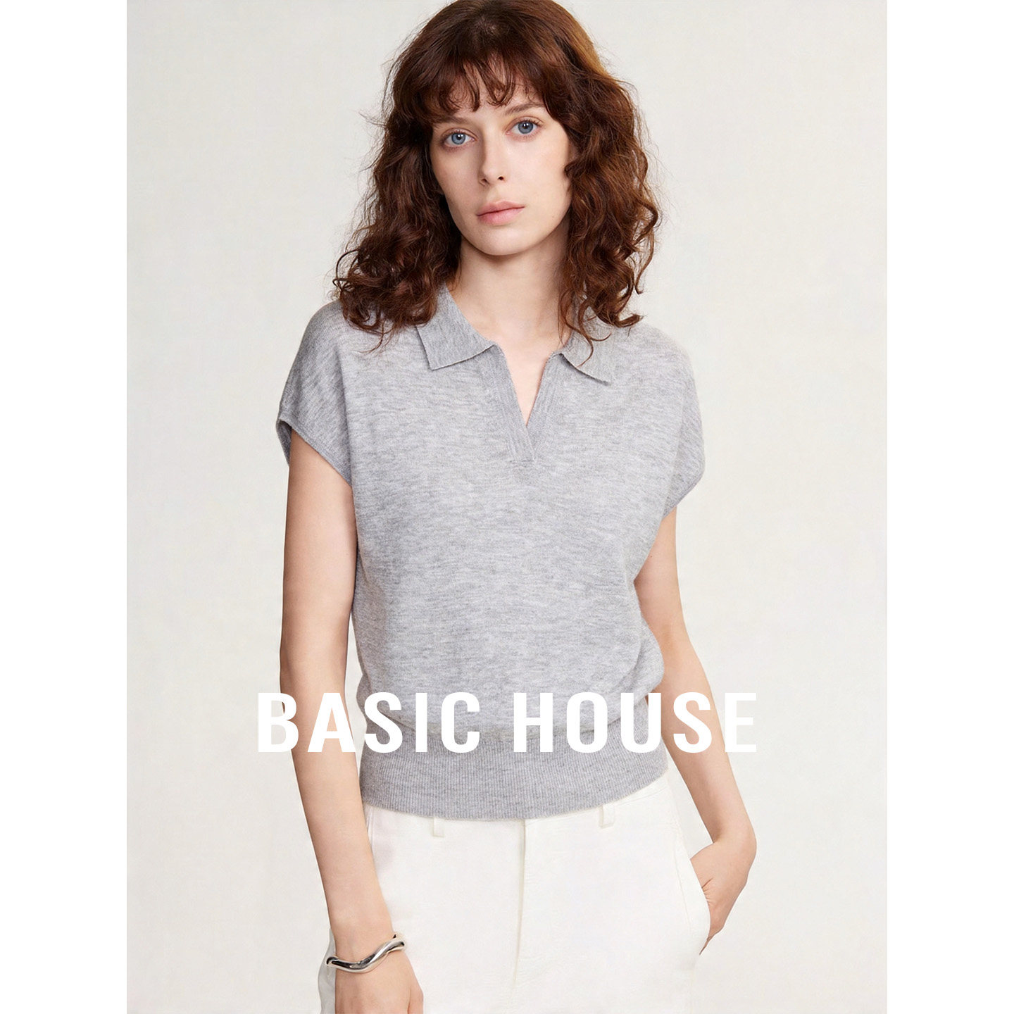 Basic House/百家好灰色POLO领小飞袖针织衫女2026夏新款套头上衣