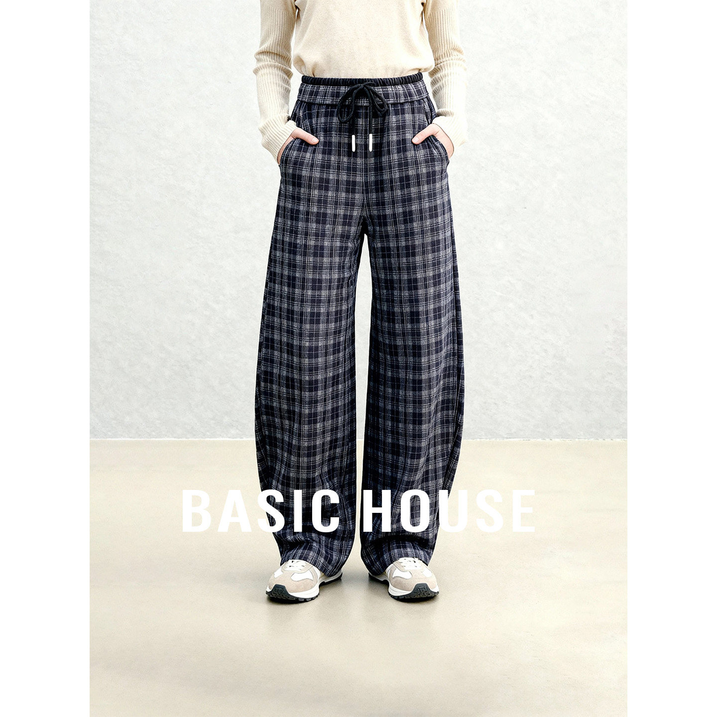 Basic House/百家好26抽绳系带格子直筒裤女春季新款百搭休闲长裤