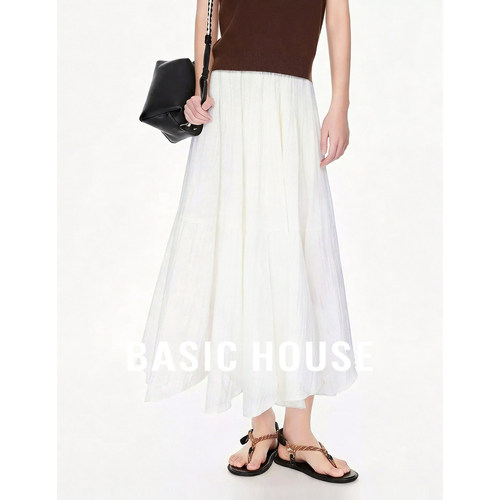 Basic House/百家好莱赛尔白色A字半身裙女中长款层次感不规则裙