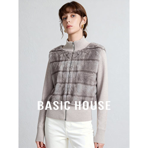 Basic House/百家好秋冬新款立领加厚拼接设计短款外套女保暖上衣