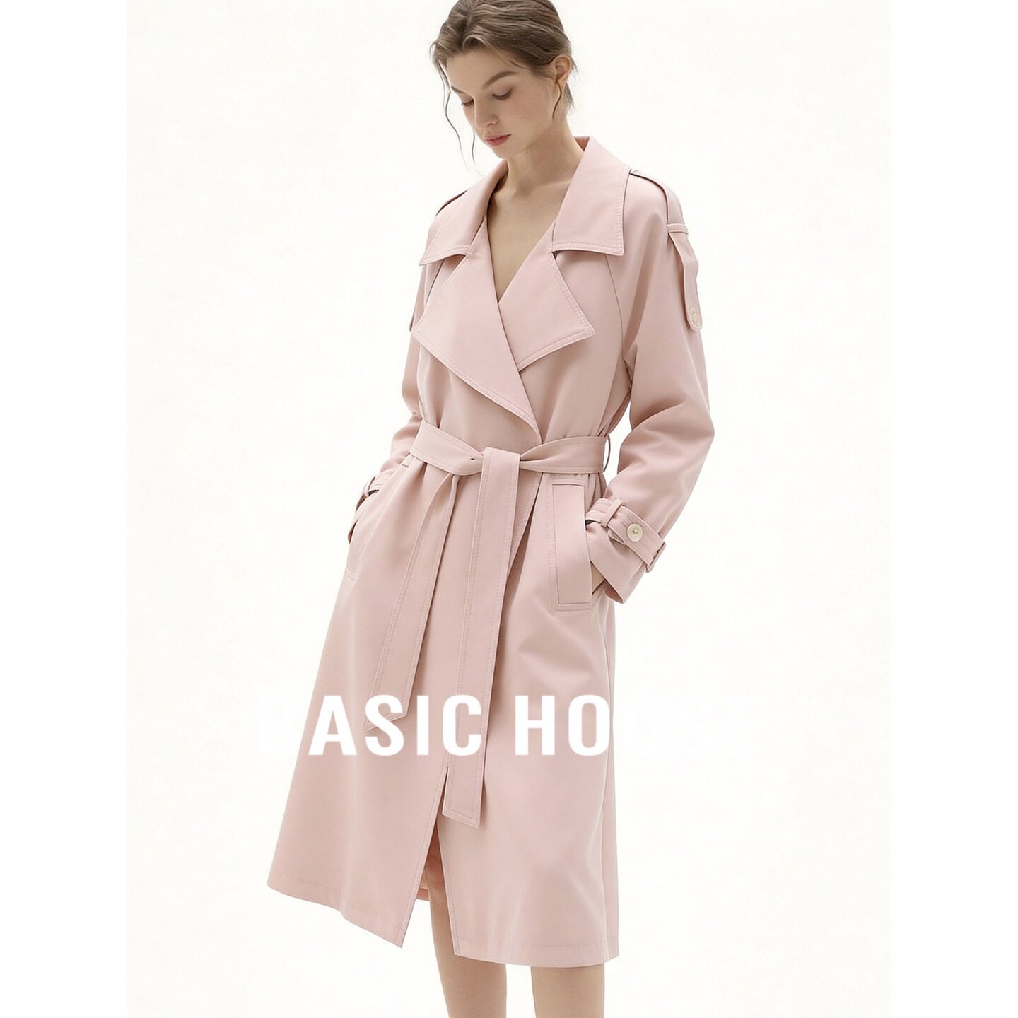 Basic House/百家好经典翻领长款粉色风衣女秋季新款收腰系带外套