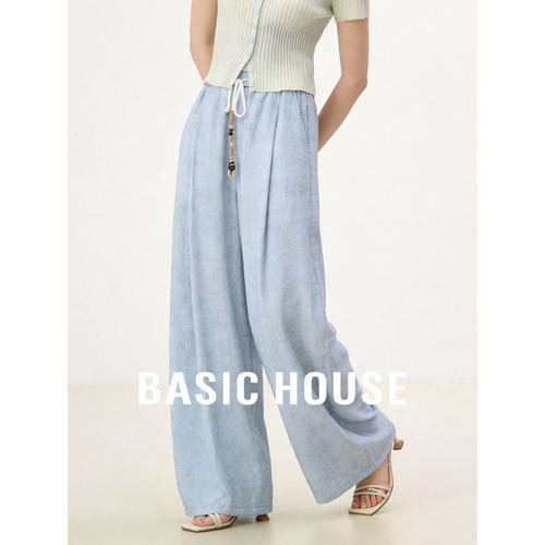 Basic House/百家好裤子女款宽松高腰薄款阔腿裤夏新款运动休闲裤