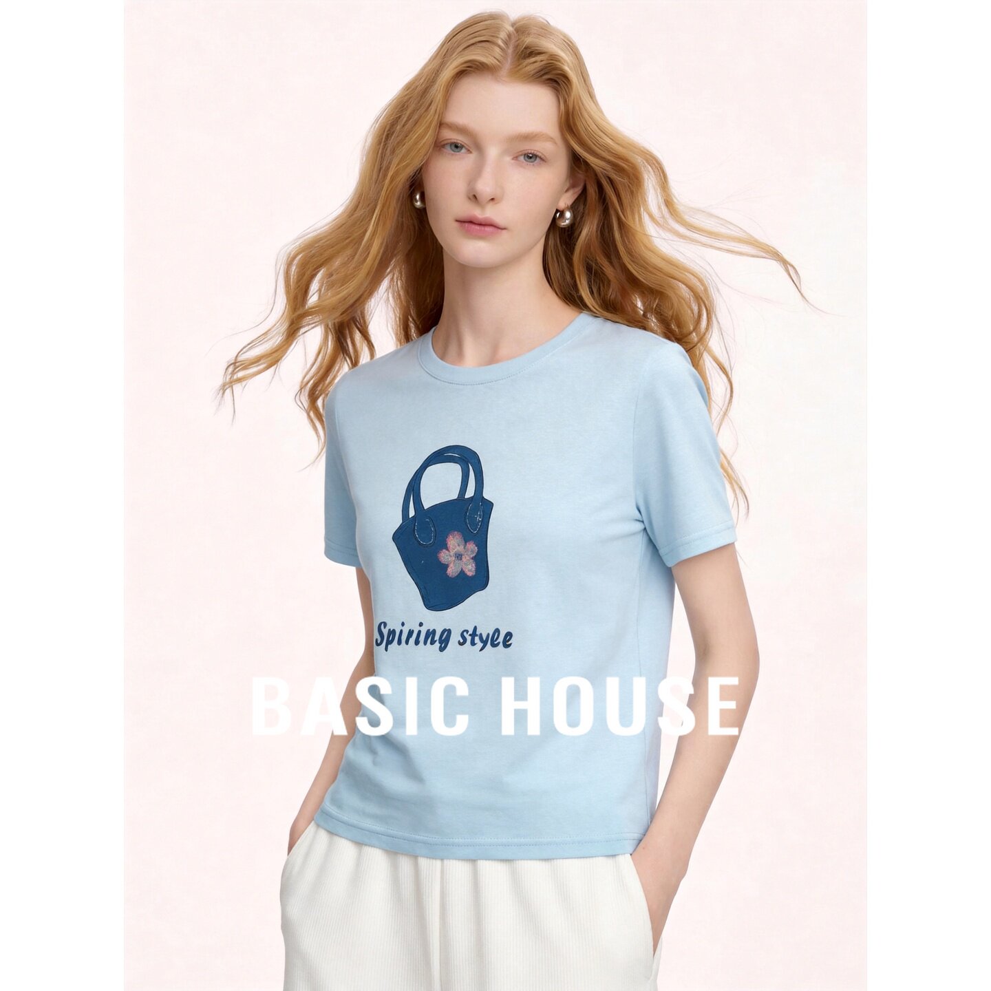 Basic House/百家好蓝色印花短袖T恤女夏季宽松显瘦时尚百搭上衣