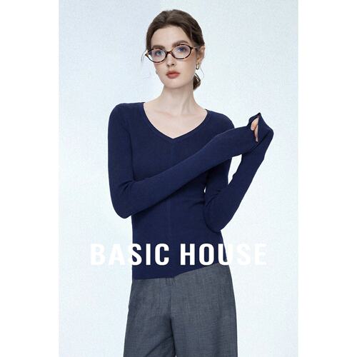 Basic House/百家好莱赛尔V领长袖针织衫女修身显瘦基础款上衣