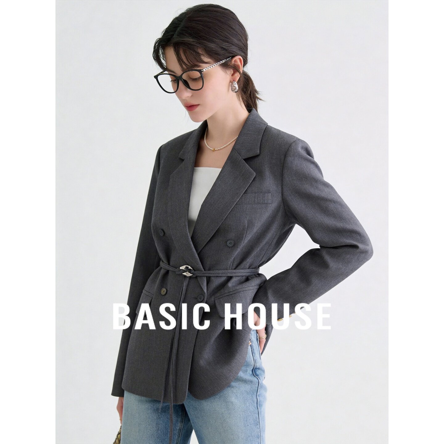 Basic House/百家好西装外套女灰色收腰绑带设计感职场气质女装