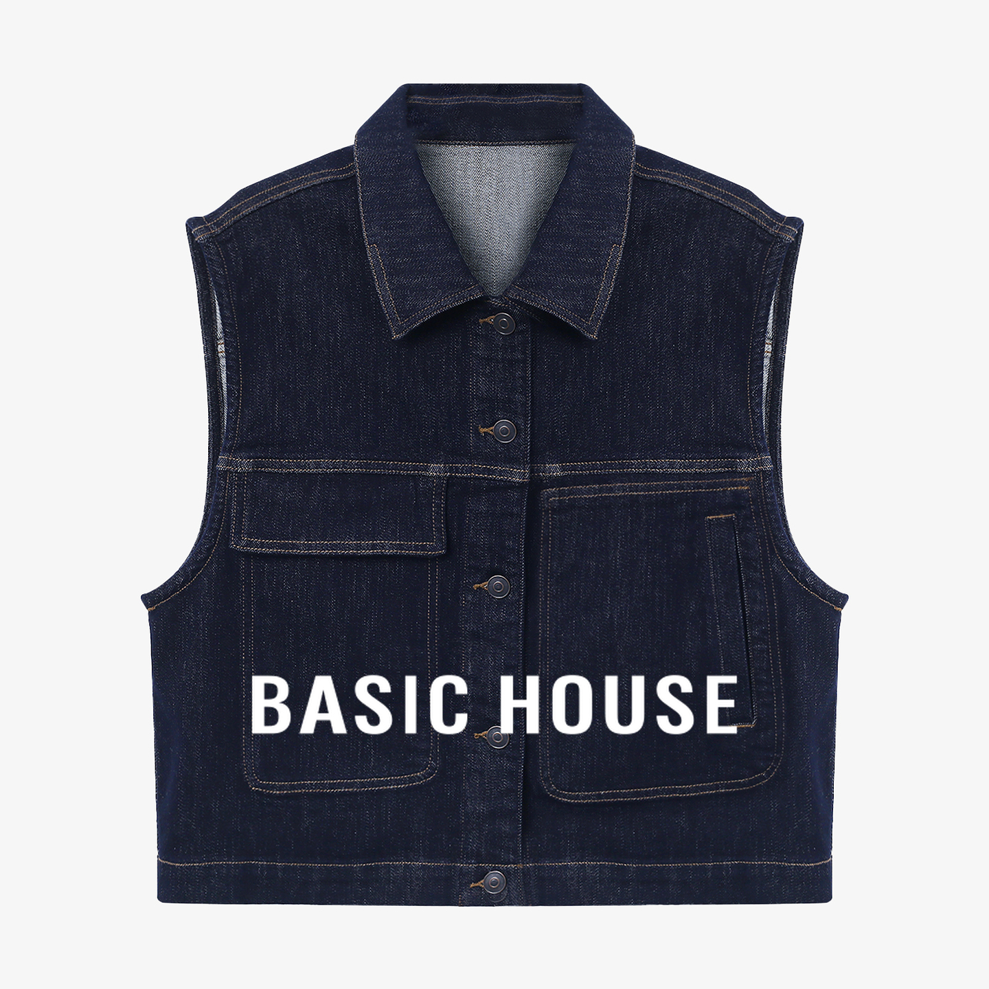Basic House/百家好时髦复古翻领无袖牛仔马甲纯色系扣宽松外搭女
