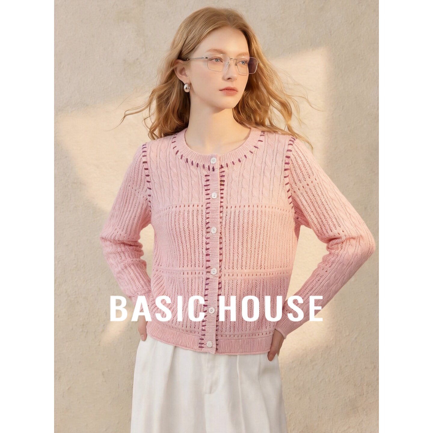 Basic House/百家好温柔撞色镂空羊毛针织开衫女薄款透气韩式上衣