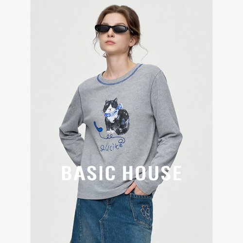 Basic House/百家好韩式小猫印花长袖T恤圆领宽松百搭打底衫上衣