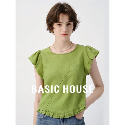 Basic House/百家好绿色小飞袖设计感T恤女夏季宽松显瘦透气上衣