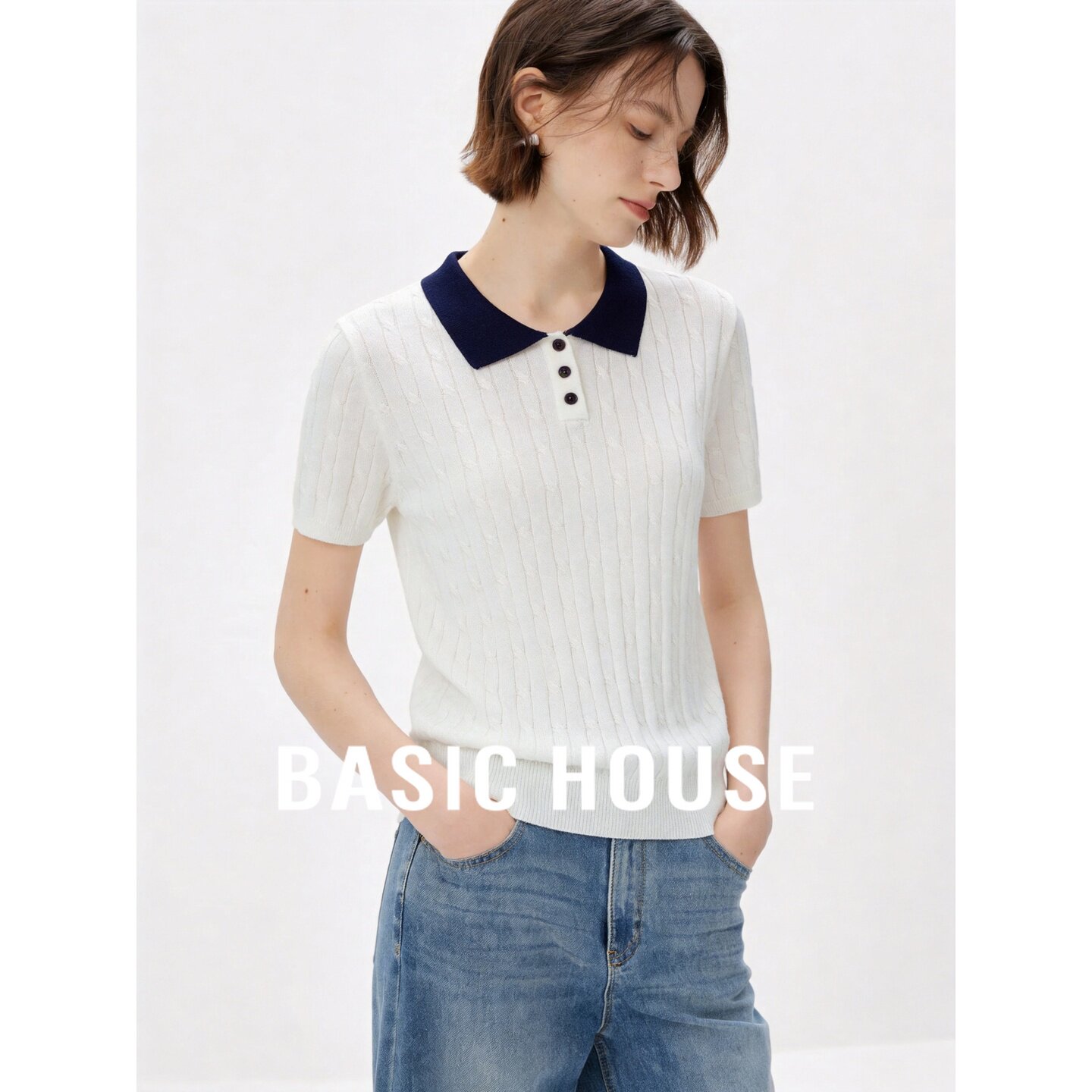 Basic House/百家好2026夏新款polo薄款套头针织衫女夏季透气上衣