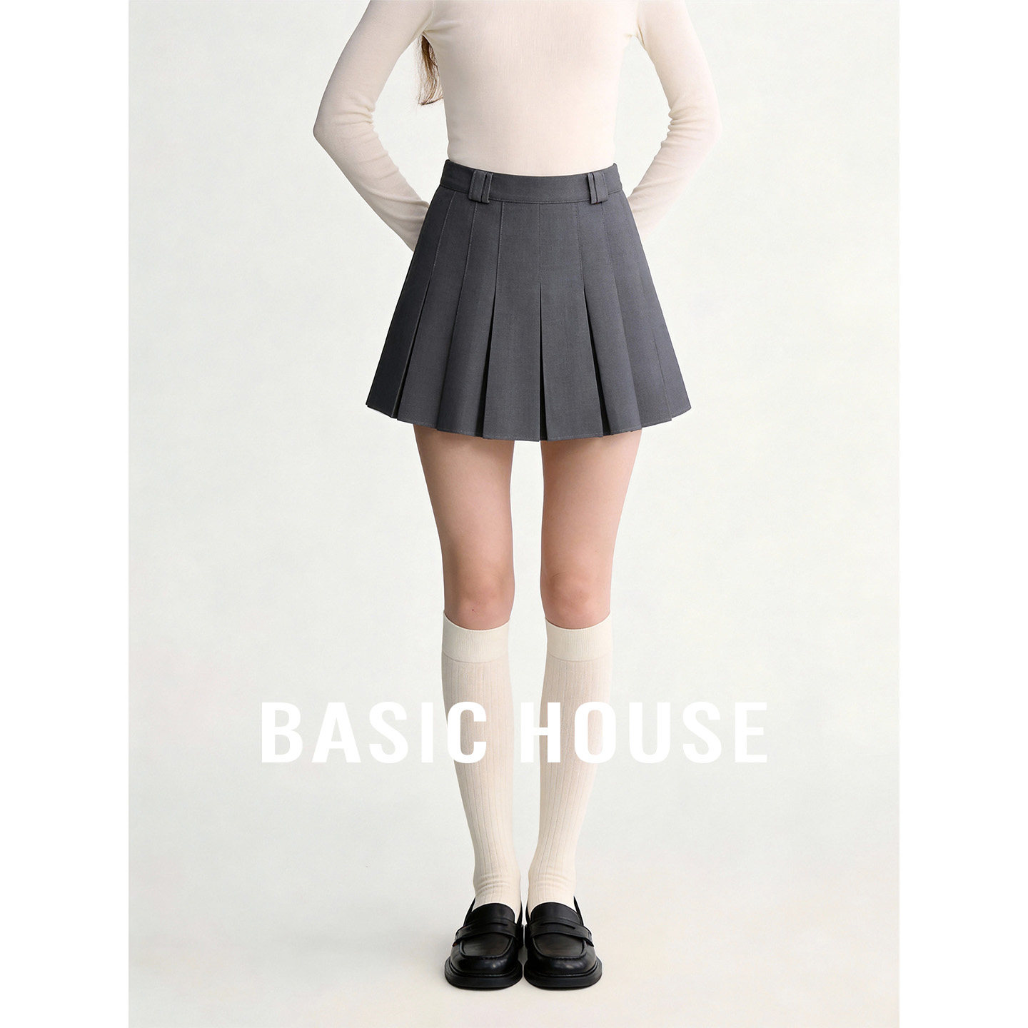 Basic House/百家好灰色学院风百褶裙女春季休闲百搭显瘦A字短裙