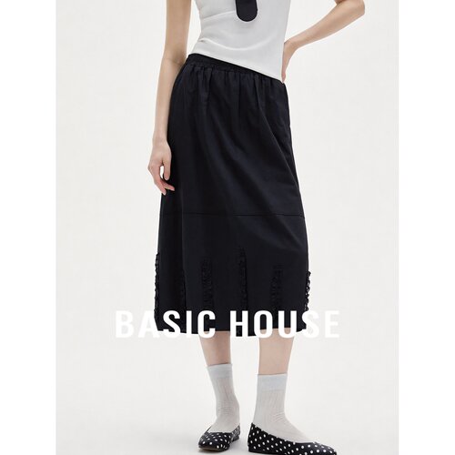 Basic House/百家好慵懒风黑色半身裙女夏中长款宽松显瘦百搭裙子