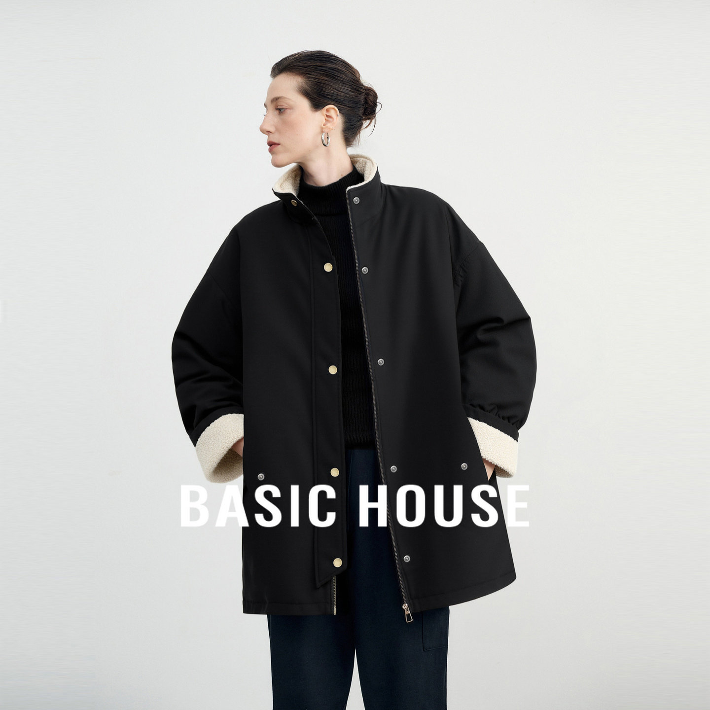 Basic House/百家好立领毛绒拼接中长款外套2025宽松廓形加厚上衣
