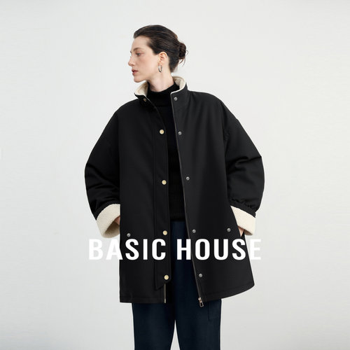 Basic House/百家好立领毛绒拼接中长款外套2025宽松廓形加厚上衣