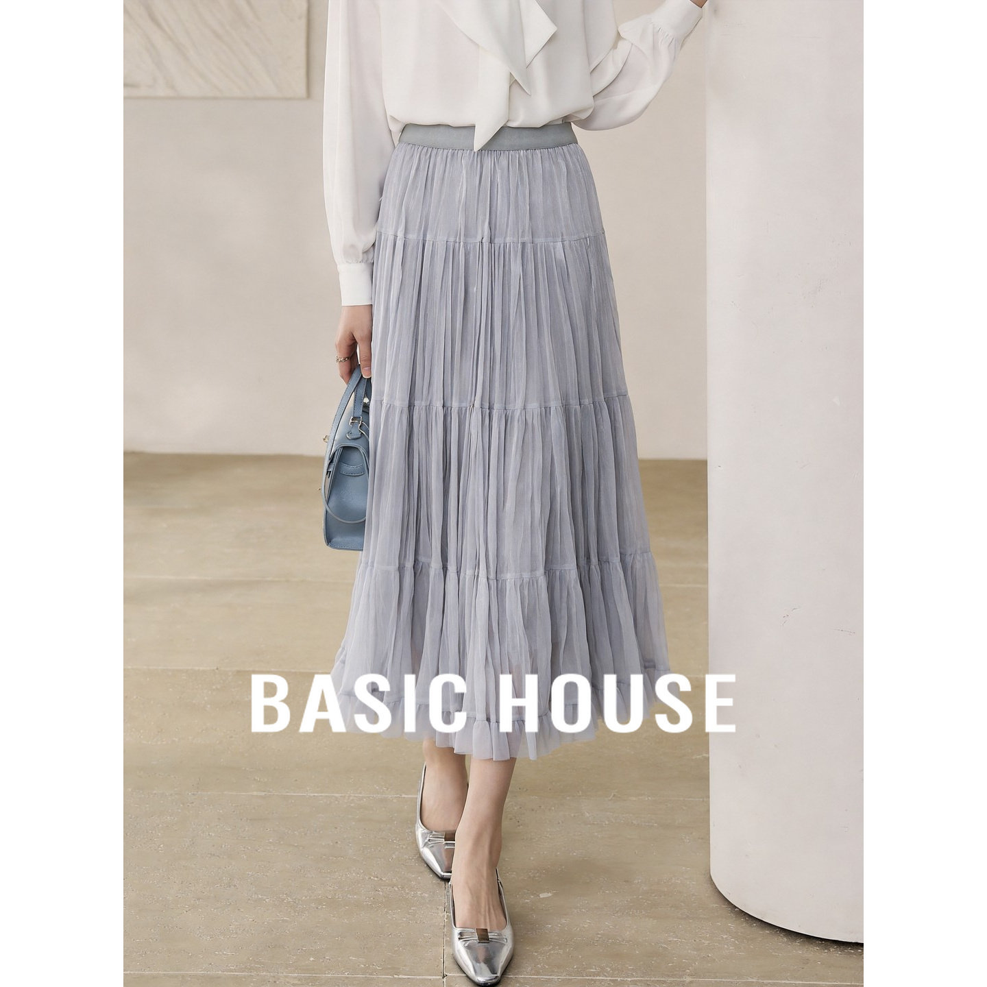 Basic House/百家好淑女风网纱百褶半身裙女中长款层次感减龄半裙